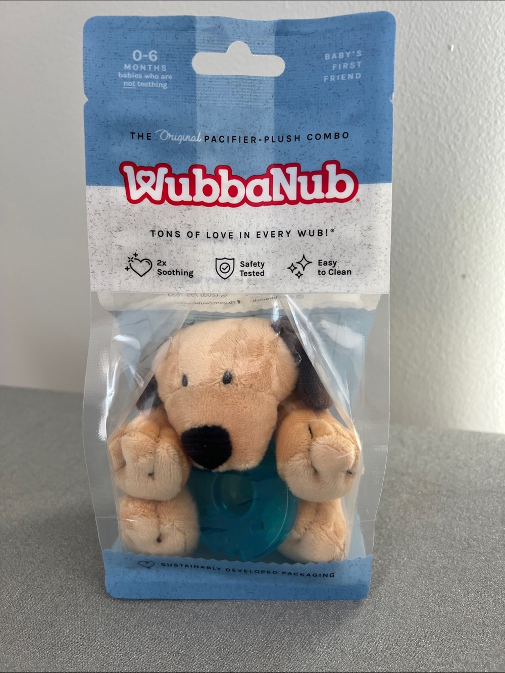 WubbaNub Tan Puppy Pacifier Plush - Teal Pacifier NWT Size 0-6 Months